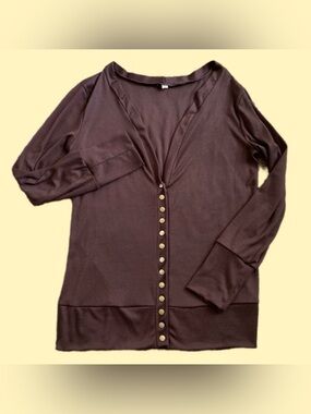 Dark Brown Long Sleeved V Necked Cardigan, Gold Buttons, Women’s Large
